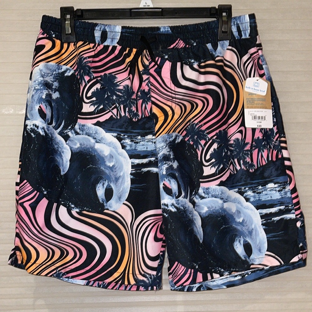 NWT palm, orange child husky board shorts with built-in boxer brief size 14/16